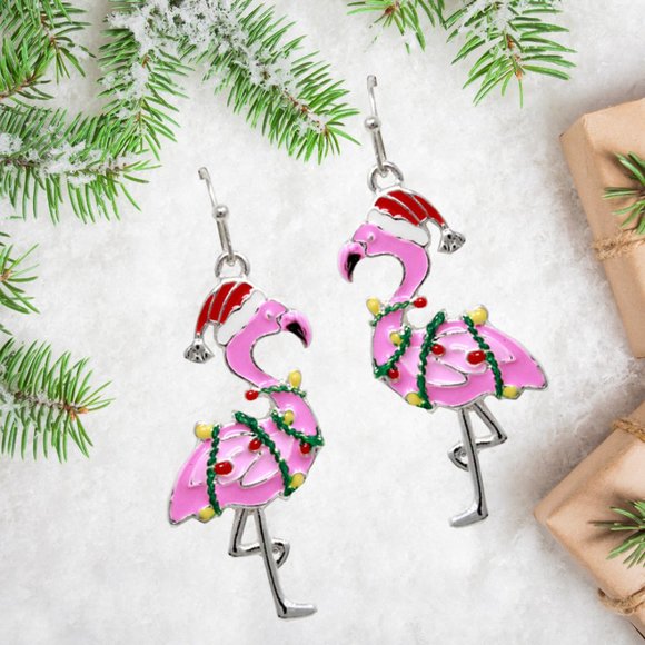 Koala and Kween Jewelry - Holiday Pink Flamingo Hook Earrings with Santa Hat and Christmas Lights